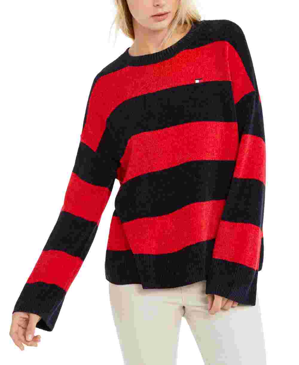 Tommy Hilfiger Women's Colorblock Long Sleeve Crew Neck Blouse Sweater Red Size XL