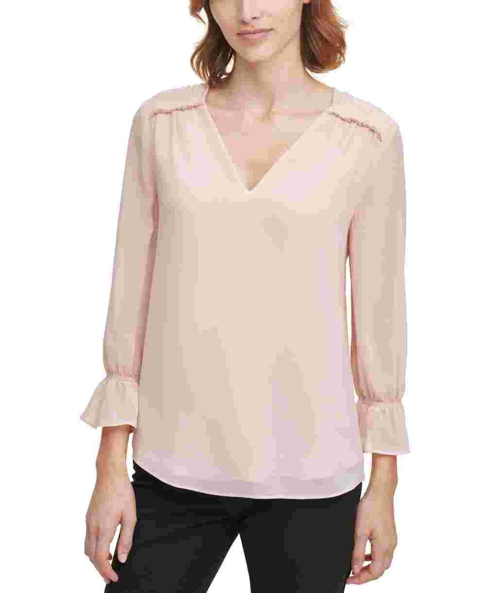Calvin Klein Women's Ruffled V Neck Top Pink Size Medium