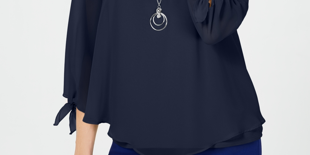 JM Collection Women's Chiffon Tie Cuff Top Blue Size Petite L