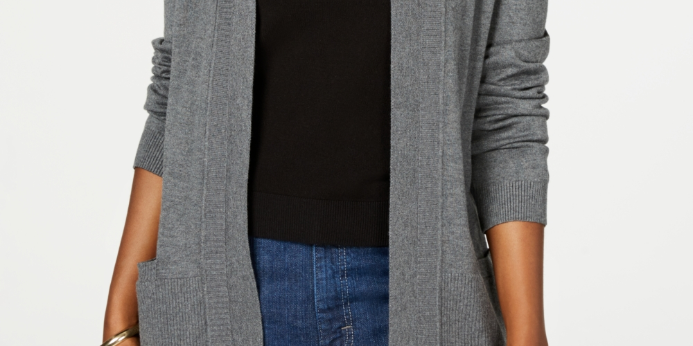 Karen Scott Women's Cotton Open Front Cardigan Charcoal Size Medium