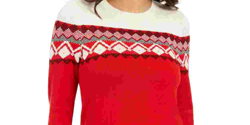 Charter Club Women's Colorblocked Fair Isle Sweater Red Size Petite Medium