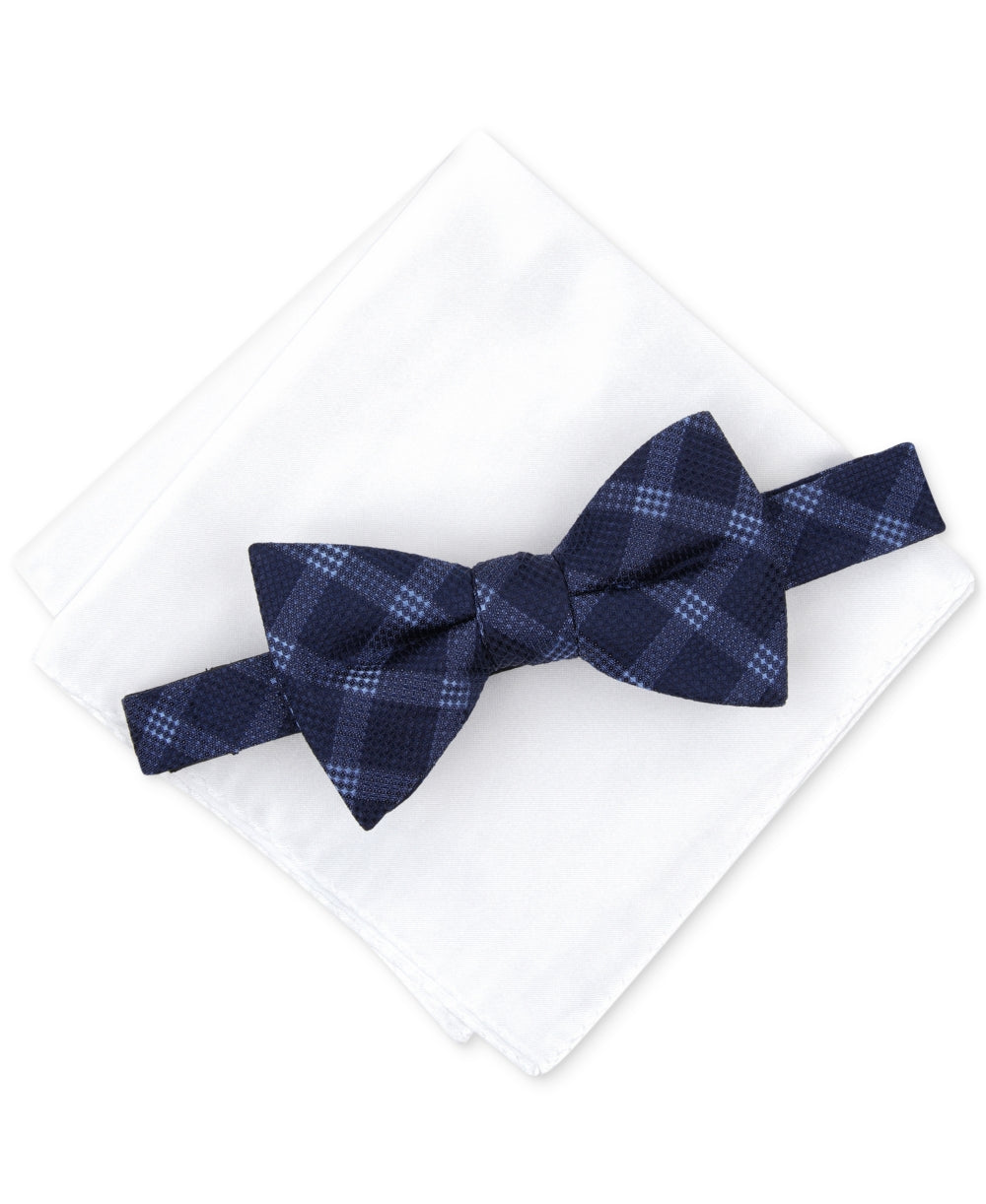 Alfani Men's Check Pre Tied Bow Tie & Solid Pocket Square Set Blue Size Regular