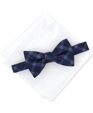 Alfani Men's Check Pre Tied Bow Tie & Solid Pocket Square Set Blue Size Regular