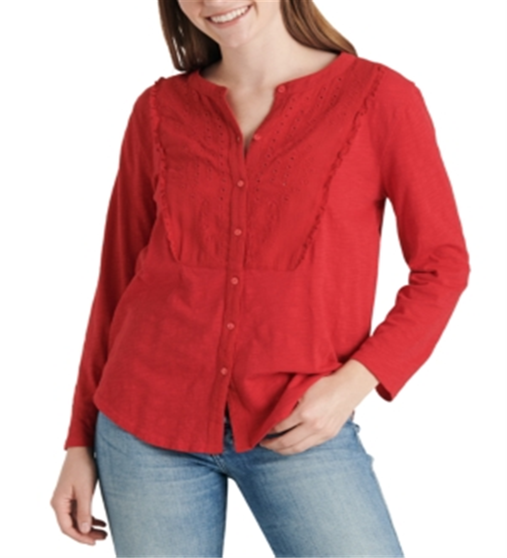 Lucky Brand Women's Long Sleeve V Neck Top Red Size X-Small
