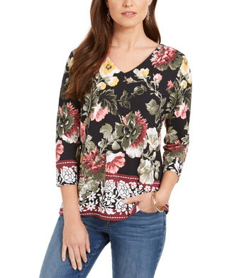 Charter Club Women's Garden Printed V Neck Top Black Size Large