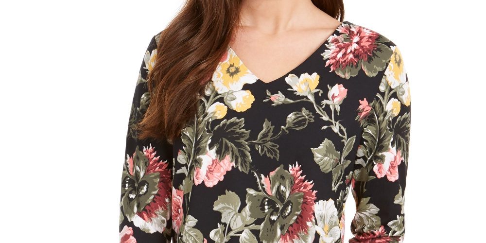 Charter Club Women's Garden Printed V Neck Top Black Size Large