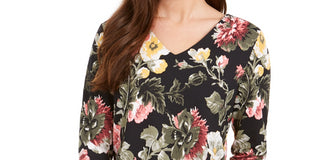 Charter Club Women's Garden Printed V Neck Top Black Size Large