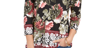 Charter Club Women's Garden Printed V Neck Top Black Size Large