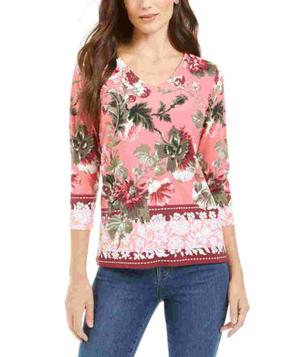 Charter Club Women's Garden Printed V-Neck Top Pink Size X-Large