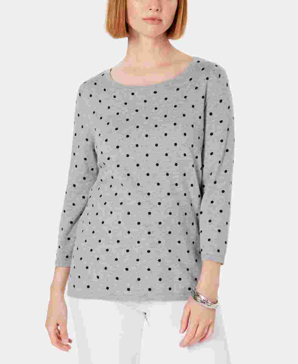 Karen Scott Women's Polka Dot 3/4 Sleeve Jewel Neck Top Gray Size X-Small