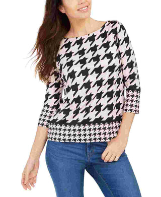Charter Club Women's Button Shoulder Houndstooth Top Pink Size Petite L
