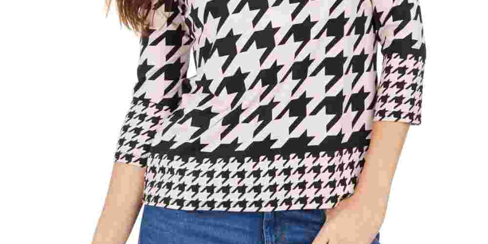 Charter Club Women's Button Shoulder Houndstooth Top Pink Size Petite L