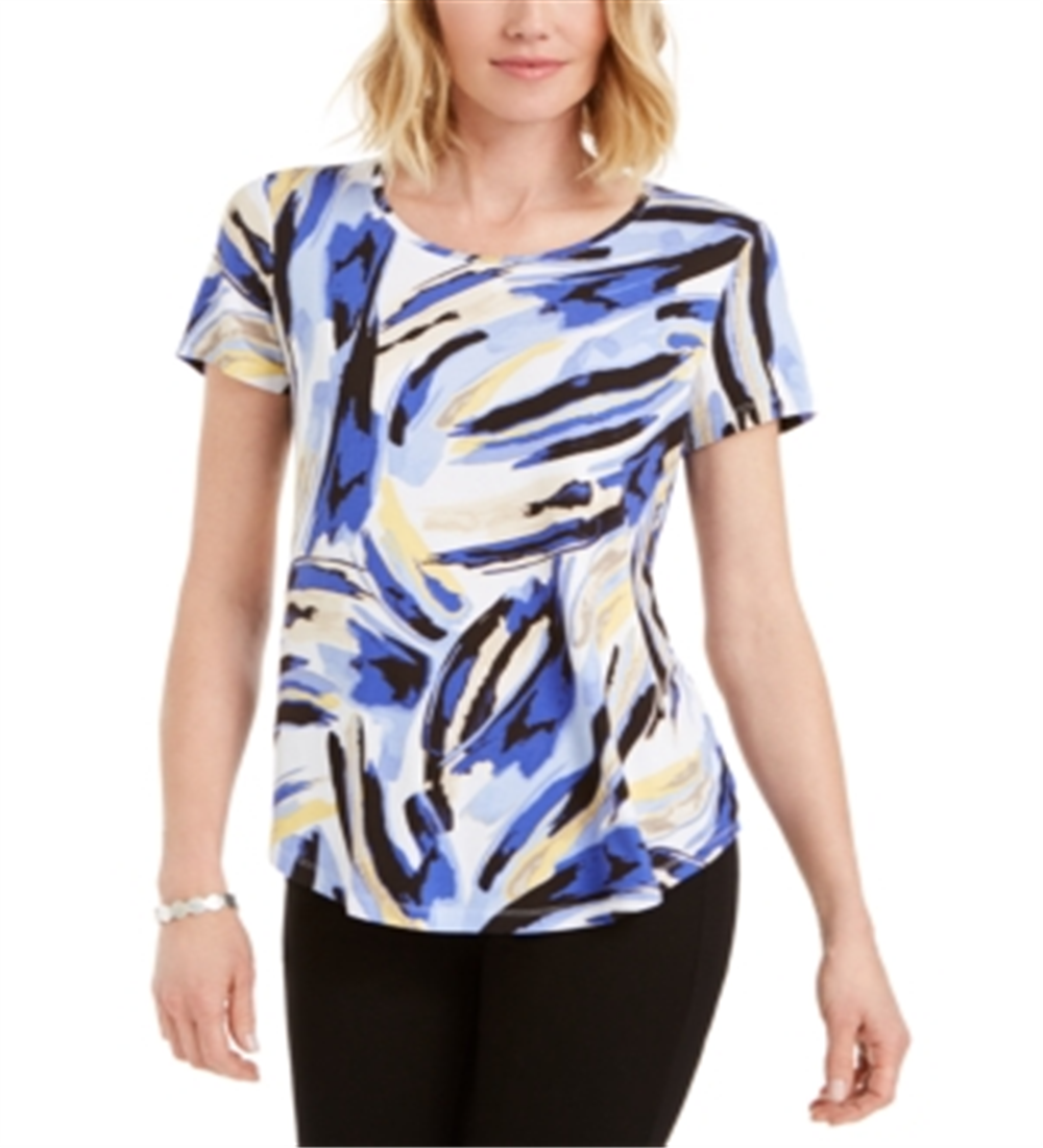 JM Collection Women's Printed Scoop Neck T-Shirt Blue Size X-Small