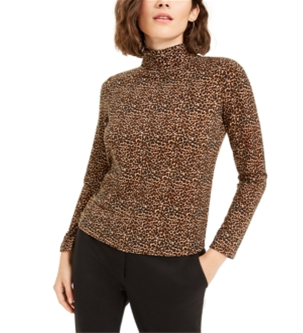 Bar III Women's Animal Print Turtleneck Truffle Top Brown Size X-Large