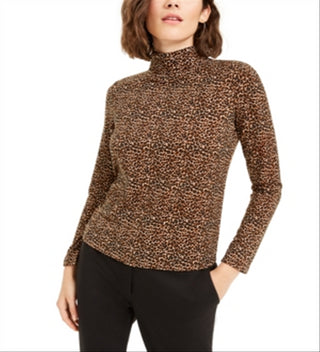 Bar III Women's Animal Print Turtleneck Truffle Top Brown Size X-Large