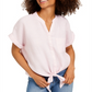 Charter Club Women's Linen Tie Front Button Up Shirt Pink Size Medium