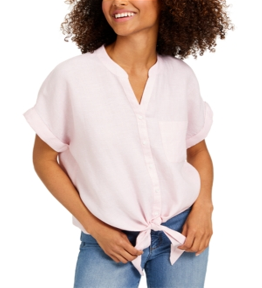 Charter Club Women's Linen Tie Front Button Up Shirt Pink Size Medium