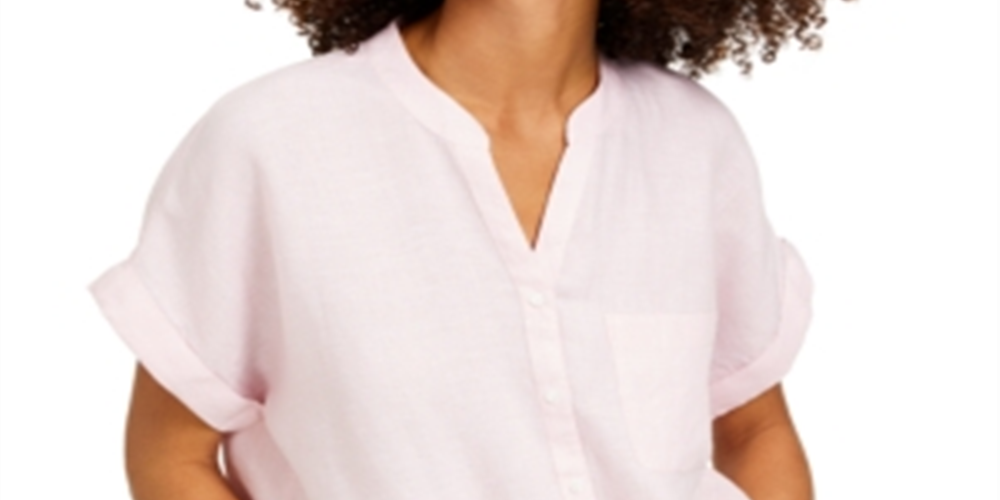 Charter Club Women's Linen Tie Front Button Up Shirt Pink Size Medium