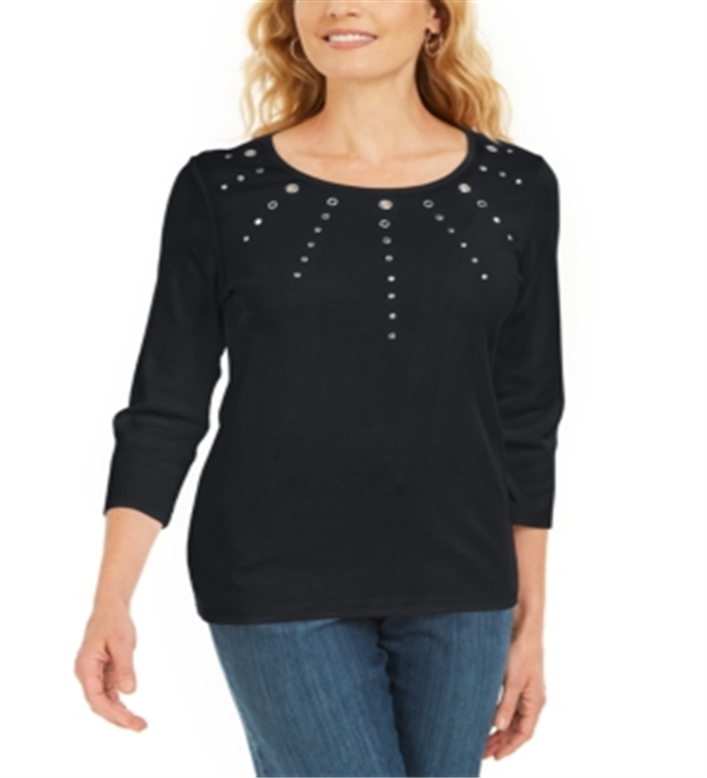 Karen Scott Women's Cotton Grommet Embellished Top Black Size Small