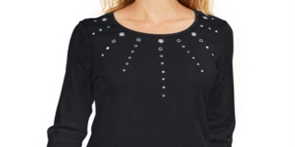 Karen Scott Women's Cotton Grommet Embellished Top Black Size Small