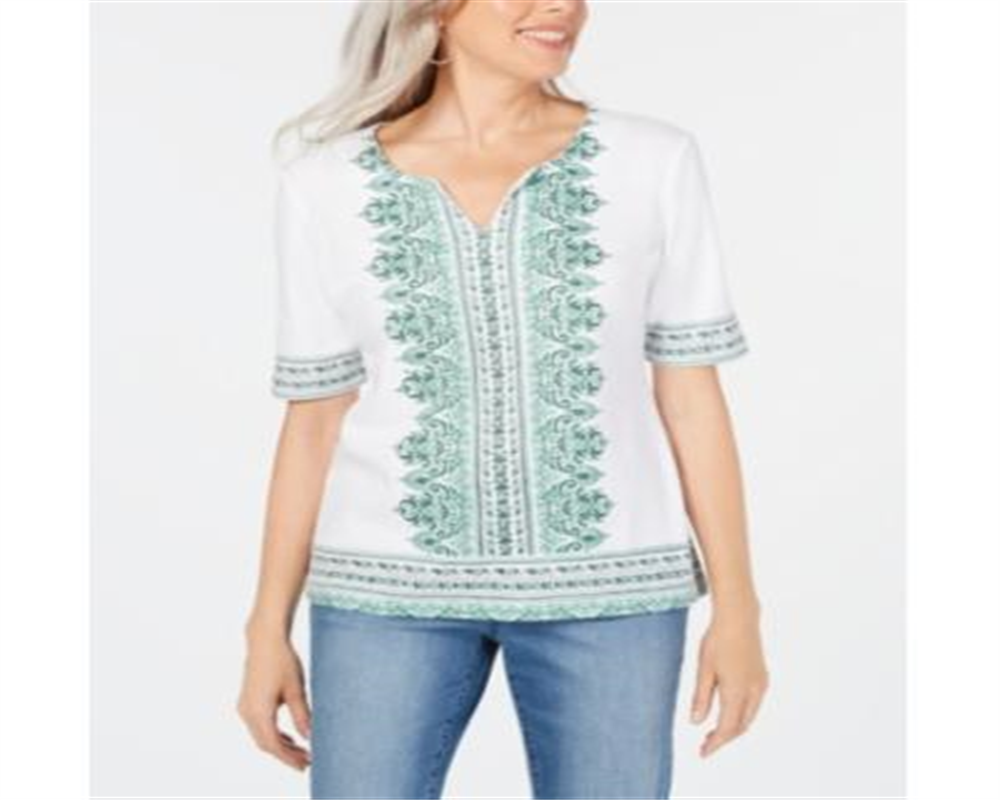 Karen Scott Women's Printed Short Sleeve Top White Size Small