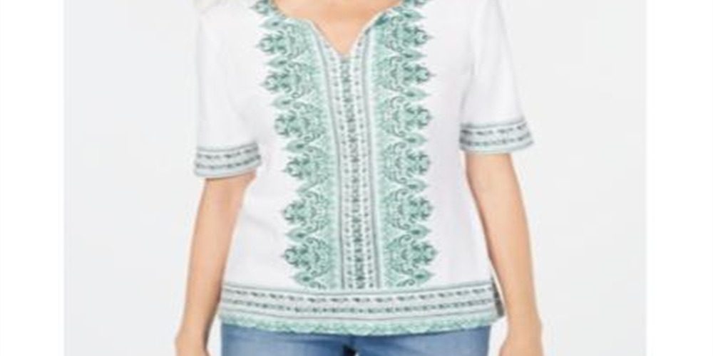 Karen Scott Women's Printed Short Sleeve Top White Size Small