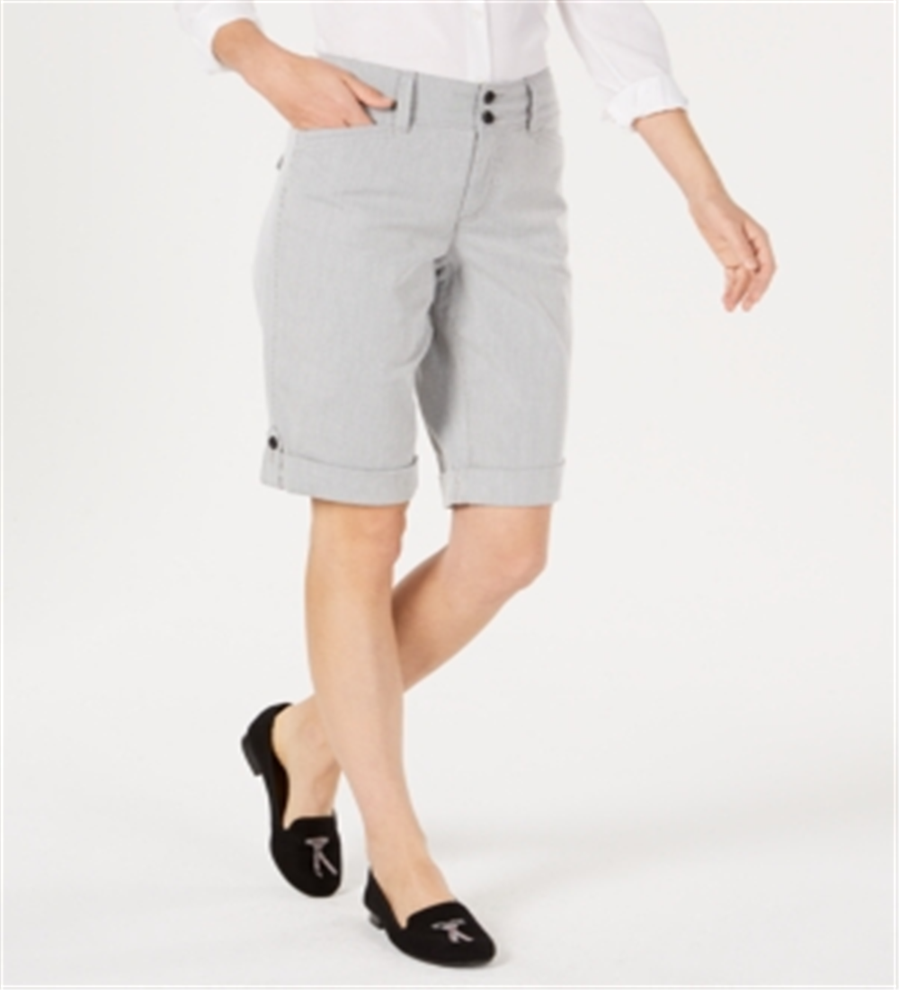Charter Club Women's Striped Tummy Control Bermuda Shorts Gray Size 12 Petite