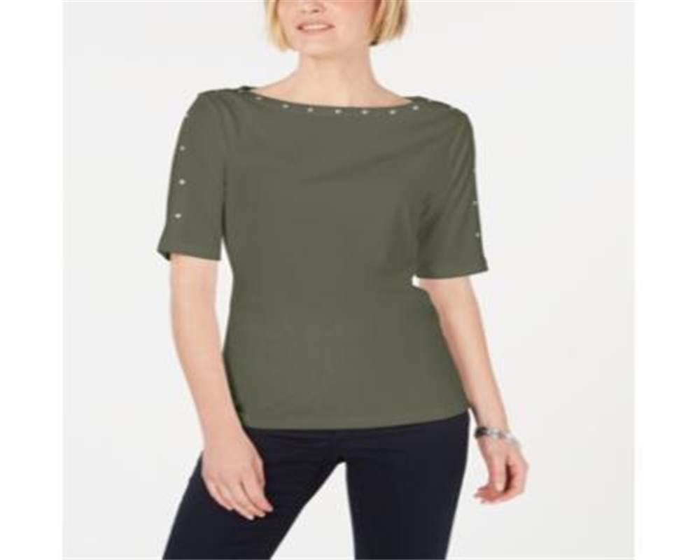 Karen Scott Women's Stud Embellished Boat Neck Top Green Size Small