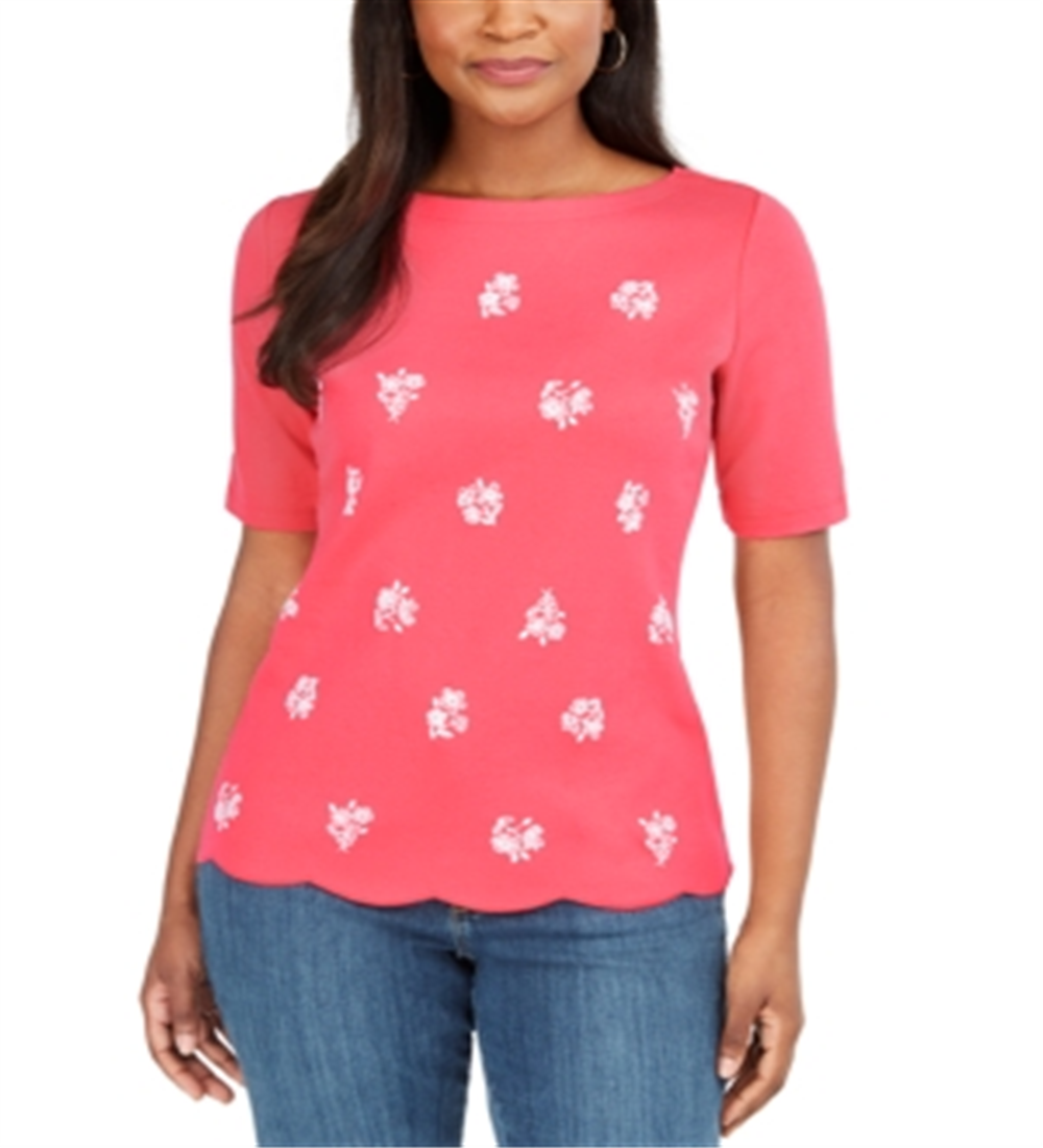 Karen Scott Printed Scalloped Cotton Top Red Size XS