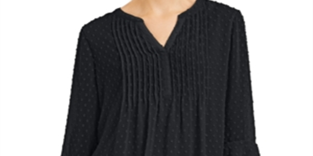 Charter Club Women's Double Ruffle Textured Pintuck Top Black Size Petite S