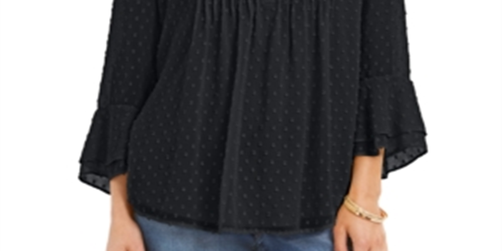 Charter Club Women's Double Ruffle Textured Pintuck Top Black Size Petite S