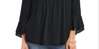 Charter Club Women's Double Ruffle Textured Pintuck Top Black Size Petite S