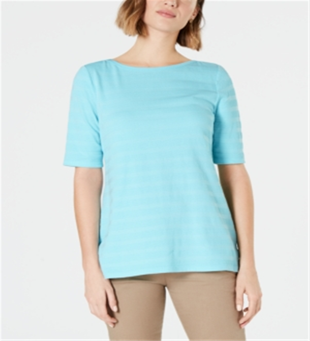 Charter Club Women's Cotton Texture Striped Elbow Sleeve Top Blue Size Large