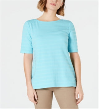Charter Club Women's Cotton Texture Striped Elbow Sleeve Top Blue Size Large
