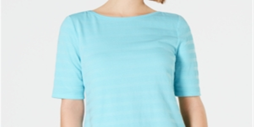 Charter Club Women's Cotton Texture Striped Elbow Sleeve Top Blue Size Large