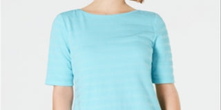 Charter Club Women's Cotton Texture Striped Elbow Sleeve Top Blue Size Large
