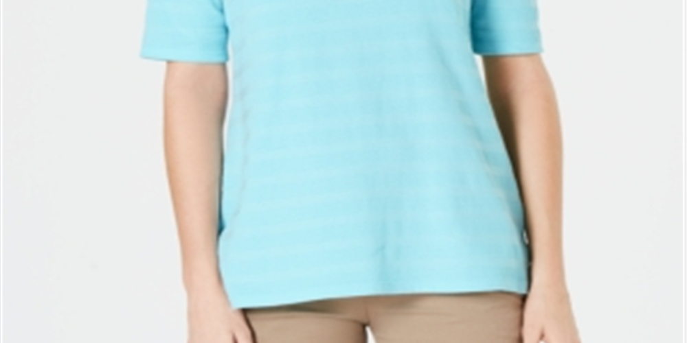 Charter Club Women's Cotton Texture Striped Elbow Sleeve Top Blue Size Large