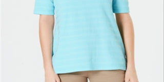 Charter Club Women's Cotton Texture Striped Elbow Sleeve Top Blue Size Large