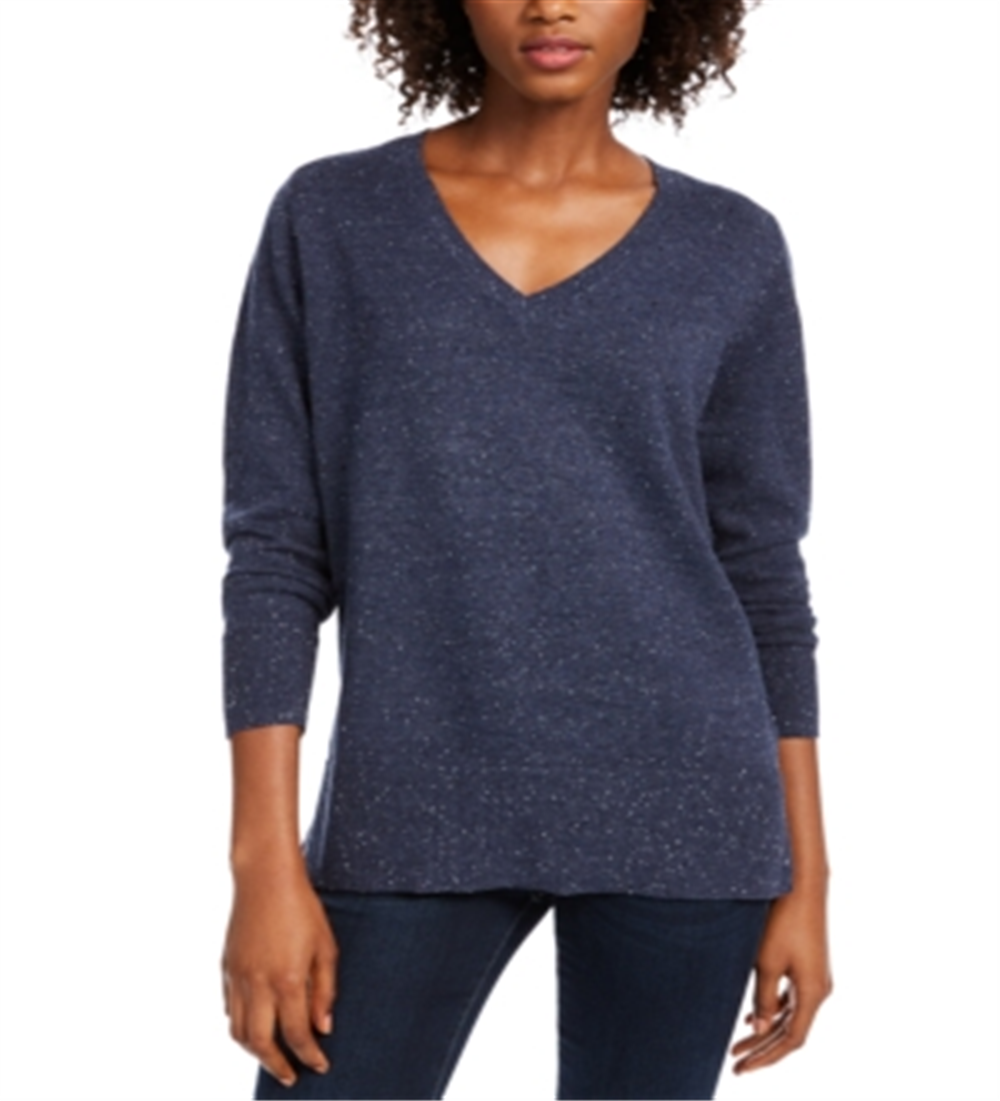 Maison Jules Women's Cotton V Neck Tunic Sweater Blue Size Large