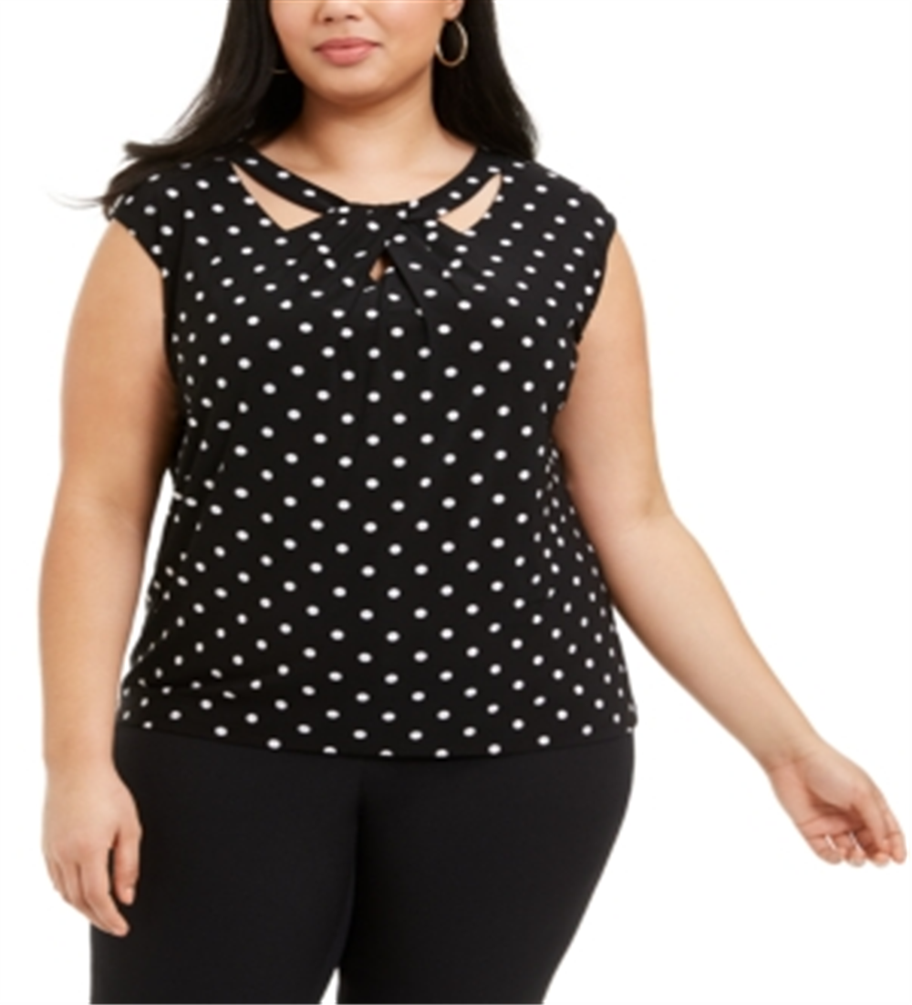 Kasper Women's Polka Dot Cut Out Top Black Size 1X