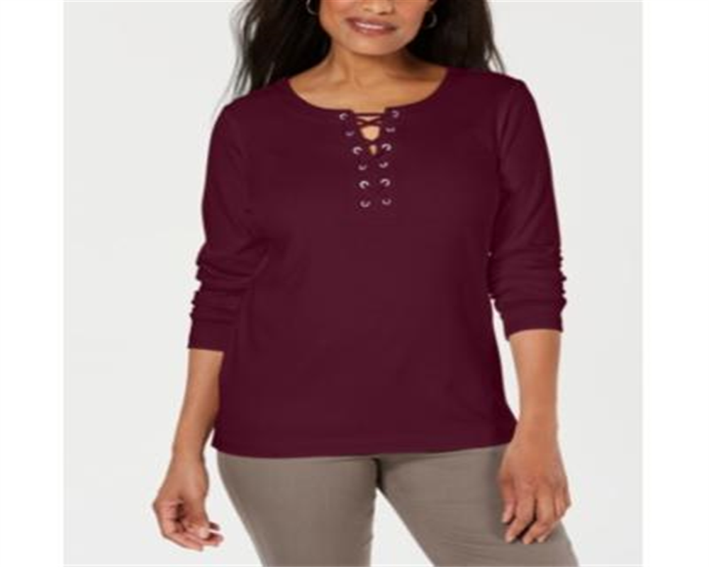 Karen Scott Women's Lace Up Long Sleeve Scoop Neck Top Red Size X-Small