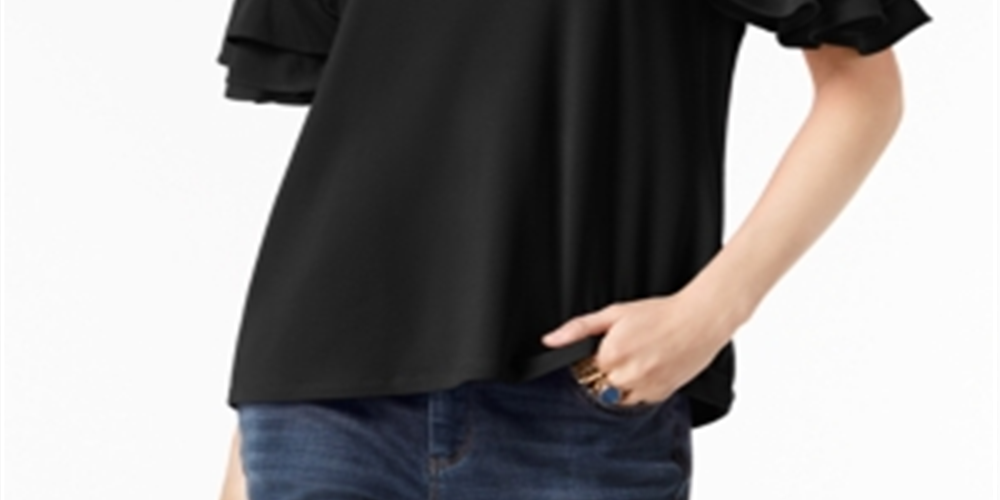 INC International Concepts Women's Ruffled Sleeve Top Black Size Petite S