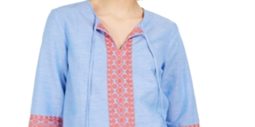 Charter Club Women's Embroidered Tasseled Blouse Blue Size X-Large
