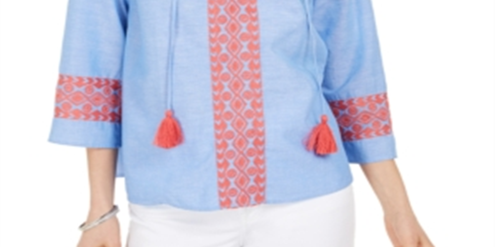 Charter Club Women's Embroidered Tasseled Blouse Blue Size X-Large