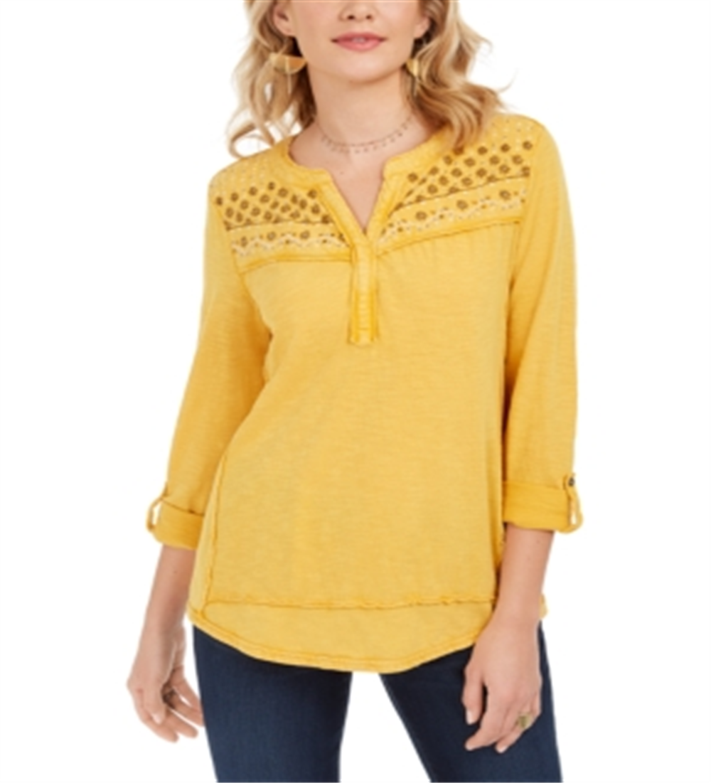 Style & Co Women's Embroidered Cotton Jersey Shirt Yellow Size X-Small