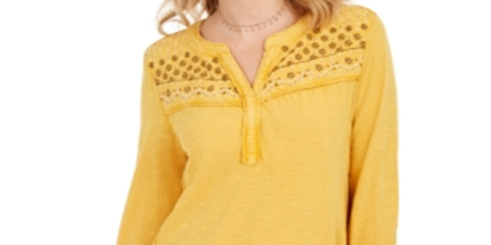 Style & Co Women's Embroidered Cotton Jersey Shirt Yellow Size X-Small