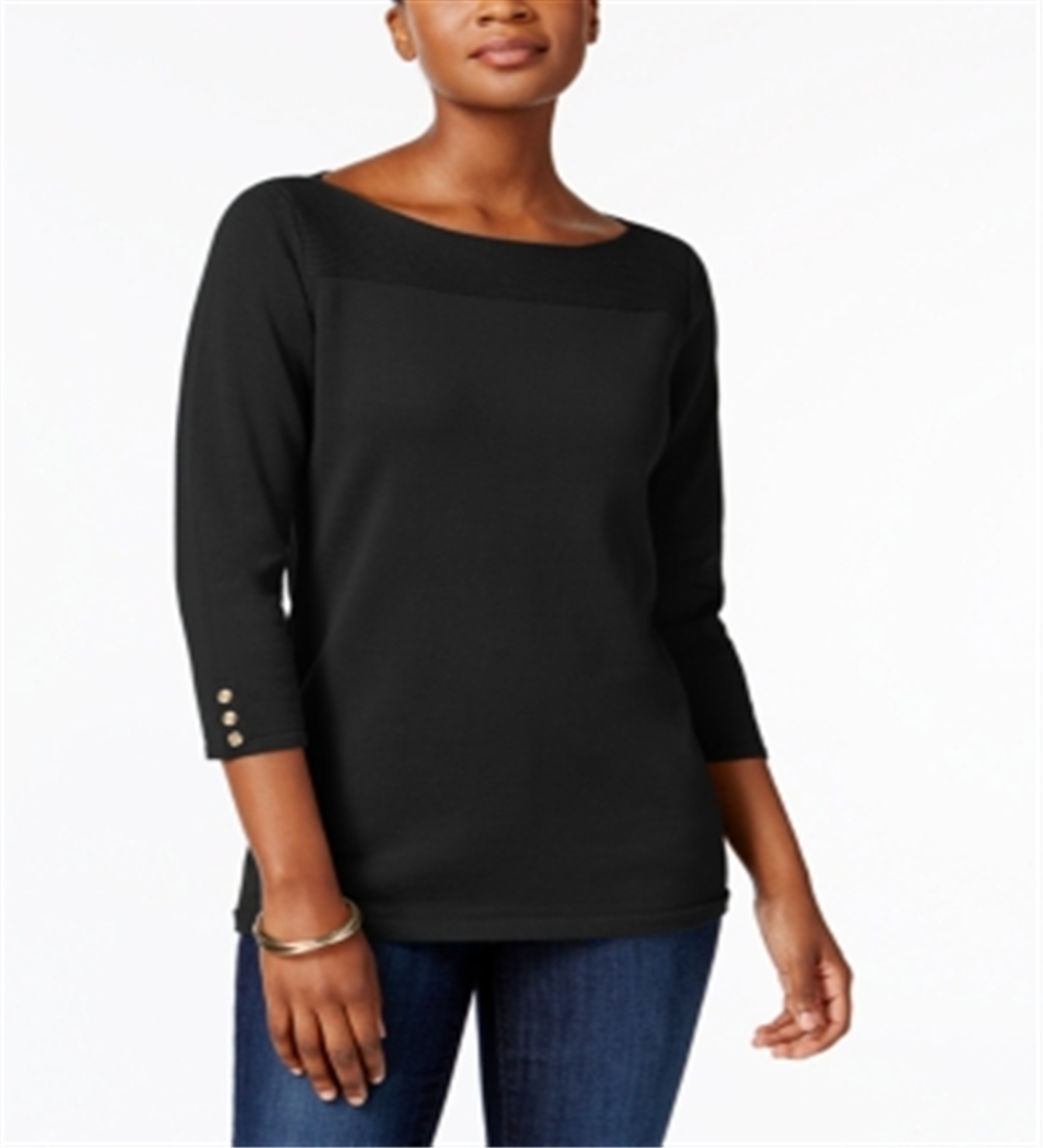 Karen Scott Women's Textured Jewel Neck 3/4 Sleeve Top Black Size X-Small