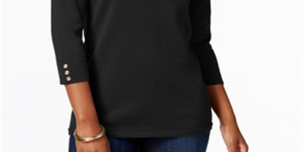 Karen Scott Women's Textured Jewel Neck 3/4 Sleeve Top Black Size X-Small