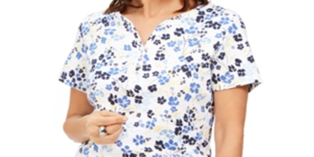 Karen Scott Women's Printed Henley Top White Size Small