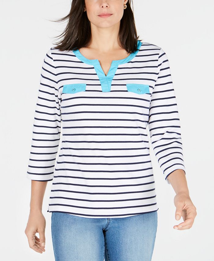 Karen Scott Cotton Contrasting Trim Striped Top Blue Size XL